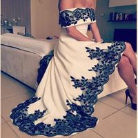 Simple Off-shoulder High Low Lace Prom Dresses Ivory & Black Prom Evening Gowns E19 - Thumbnail 2