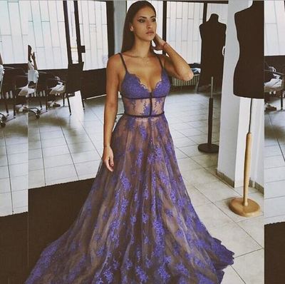 Sexy A-line Open Back Long Lace Prom Dresses Purple Applique Prom Party Dresses E20