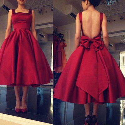2017 cheap tea length prom dresses gowns short square collar backless red prom party dresses plus size e23