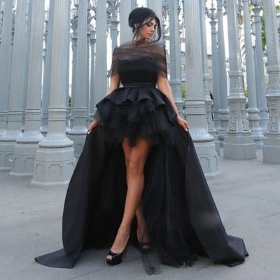 Fashion arabic front short back long prom evening dresses off-shoulder black prom formal gowns plus size e24