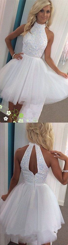 Open back Halter homecoming dress,White homecoming dress, Mini Prom dress,Sexy prom dress, elegant prom dress, prom dress 2017, 78996