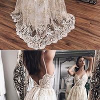 A-Line Spaghetti Straps Champagne Lace Long Prom Dress,sexy prom dress - Thumbnail 1