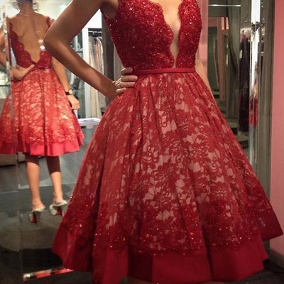 Red lace homecoming dress,short red prom dress,red lace graduation dress
