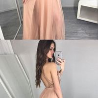 Deep V-neck Floor Length Peach A-line Prom Dress with Pleats Sequins - Thumbnail 2