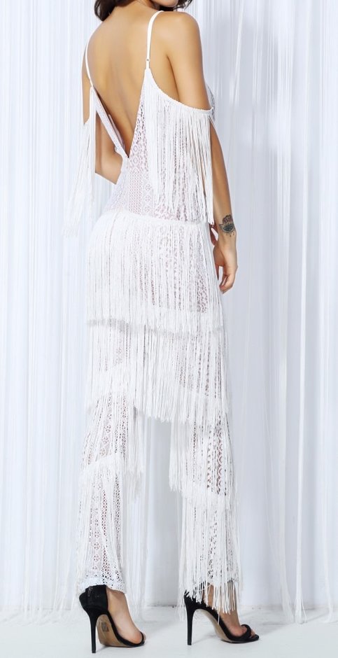 White Jumpsuit Multi Tiered Fringe