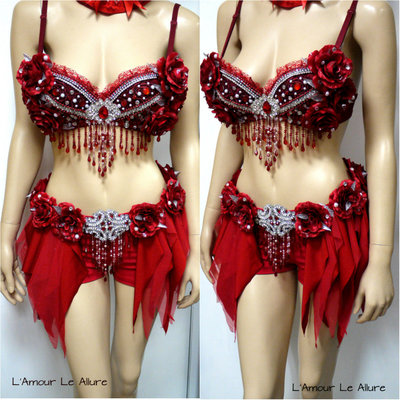 Red rose glitter fairy costume dance festival rave bra halloween
