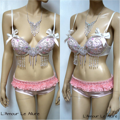 Sweet pastel pink glitter bra with scrunchie bottom cosplay dance costume rave bra rave wear halloween burlesque show girl