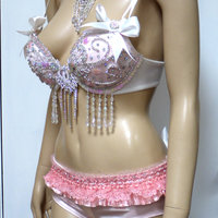 Sweet Pastel Pink Glitter Bra with Scrunchie Bottom Cosplay Dance Costume Rave Bra Rave Wear Halloween Burlesque Show Girl - Thumbnail 1