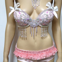 Sweet Pastel Pink Glitter Bra with Scrunchie Bottom Cosplay Dance Costume Rave Bra Rave Wear Halloween Burlesque Show Girl - Thumbnail 2