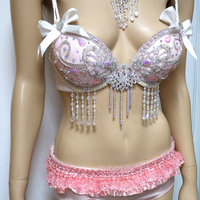 Sweet Pastel Pink Glitter Bra with Scrunchie Bottom Cosplay Dance Costume Rave Bra Rave Wear Halloween Burlesque Show Girl - Thumbnail 3