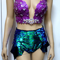Disney Princess Ariel Iridescent Dragon Scale Mermaid Plunge Bra With Sequins Shorts Cosplay Dance Costume Rave Bra Wear Halloween - Thumbnail 1