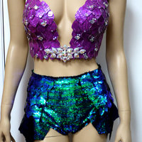 Disney Princess Ariel Iridescent Dragon Scale Mermaid Plunge Bra With Sequins Shorts Cosplay Dance Costume Rave Bra Wear Halloween - Thumbnail 3