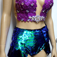 Disney Princess Ariel Iridescent Dragon Scale Mermaid Plunge Bra With Sequins Shorts Cosplay Dance Costume Rave Bra Wear Halloween - Thumbnail 2