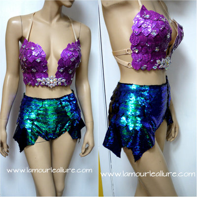 Disney princess ariel iridescent dragon scale mermaid plunge bra with sequins shorts cosplay dance costume rave bra wear halloween