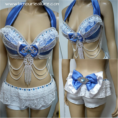 Disney Princess Cinderella Diamond Bra Top and Skirt Costume Cosplay Dance Costume Rave Halloween Burlesque Show Girl