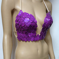 Purple Iridescent Dragon Scale Mermaid Plunge Bra Top Cosplay Dance Costume Rave Bra Wear Halloween - Thumbnail 3