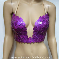 Purple Iridescent Dragon Scale Mermaid Plunge Bra Top Cosplay Dance Costume Rave Bra Wear Halloween - Thumbnail 1