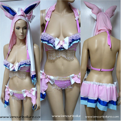Sweet Sylveon Bra Top with ear hoodie and bustle skirt Costume Cosplay Dance Costume Rave Halloween Burlesque Show Girl