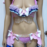 Sweet Sylveon Bra Top with ear hoodie and bustle skirt Costume Cosplay Dance Costume Rave Halloween Burlesque Show Girl - Thumbnail 3