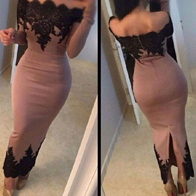 Sexy off-shoulder long sleeves lace prom evening dresses ankle length short prom party dresses e28