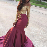 African Prom Dresses 2017 Sexy Off-shoulder Long Sleeves Lace Applique Beaded Sequins Prom Evening Dress Gowns E30 - Thumbnail 1