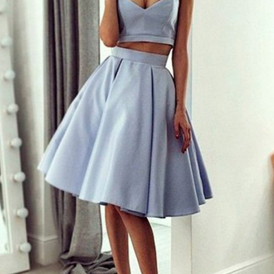 Two piece homecoming dress,ice blue prom dress,short two piece graduation dress