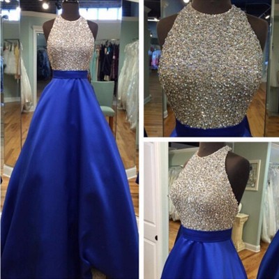 Bling Beading Crystal Sequins Prom Dresses Sexy Backless Royal Blue Satin Long Prom Party Dresses  E35