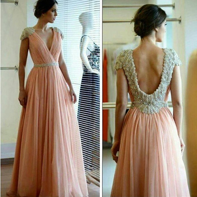 Fashion v-neck open back cap sleeves beading crystal prom evening dresses long floor length evening formal gowns e36