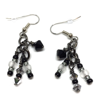 Black Crystal and Silver Dangling Earrings