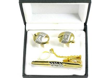 Two Tone w/Clear Stone Cuff Link Set