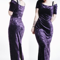 CLAIMED @isode__ - Vintage 90s Purple Crushed Velvet Short Sleeve Maxi Dress - Thumbnail 1