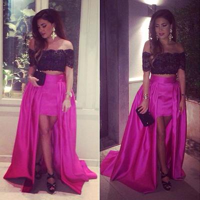 Two piece prom dresses sexy high low off-shoulder lace beaded prom party evening dresses e41