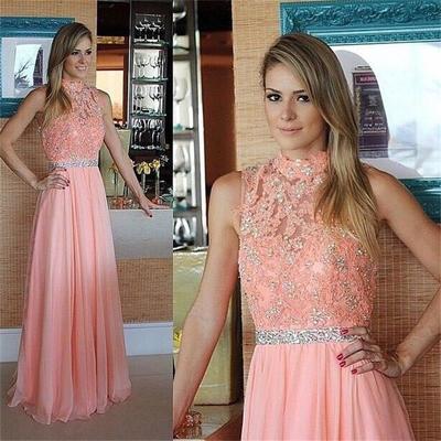 Elegant high neck sleeveless lace appliques beaded prom evening dresses chiffon prom party dresses e43