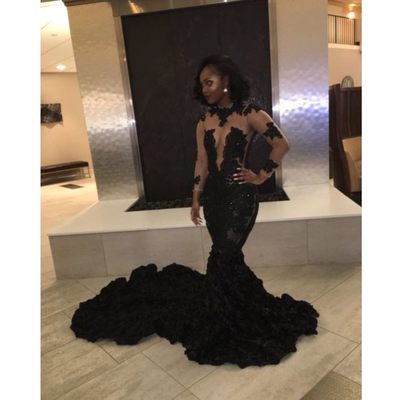long prom dress, seen through deep v neck prom dress, long sleeves prom dress, sexy black prom dress, evening dress, PD15384