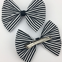 Black and White Stripe Medium Fabric Bow - Handmade Striped Hair Accessory with Clip - Thumbnail 4