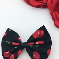Cherry Print on Black Fabric Hair Bow - Pin Up Rockabilly Inspired Hair Accessory - Thumbnail 2