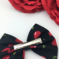 Cherry Print on Black Fabric Hair Bow - Pin Up Rockabilly Inspired Hair Accessory - Thumbnail 4