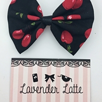 Cherry Print on Black Fabric Hair Bow - Pin Up Rockabilly Inspired Hair Accessory - Thumbnail 1