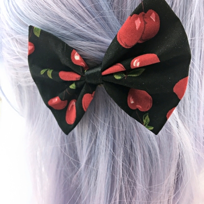 Cherry print on black fabric hair bow - pin up rockabilly inspired hair accessory - Thumbnail 2
