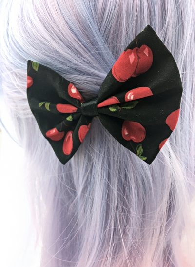 Cherry Print on Black Fabric Hair Bow - Pin Up Rockabilly Inspired Hair Accessory