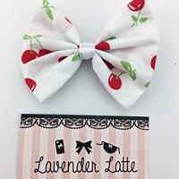 Cherry Print on White Fabric Hair Bow - Pin Up Rockabilly Hair Clip - Thumbnail 1