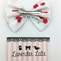 Cherry Print on White Fabric Hair Bow - Pin Up Rockabilly Hair Clip - Thumbnail 3