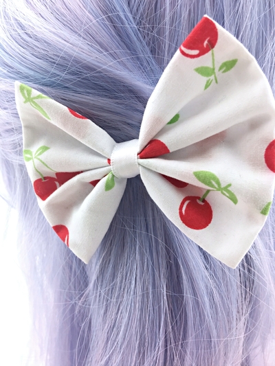 Cherry Print on White Fabric Hair Bow - Pin Up Rockabilly Hair Clip
