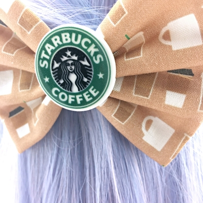 Coffee lovers tan fabric hair bow with mermaid siren logo decoration