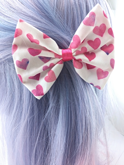 Watercolour Pink & Purple Heart Printed Fabric Medium Hair Bow