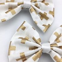 White with Metallic Gold Cross Print Fabric Medium Hair Bow Foil Geometric Hair Clip - Thumbnail 1
