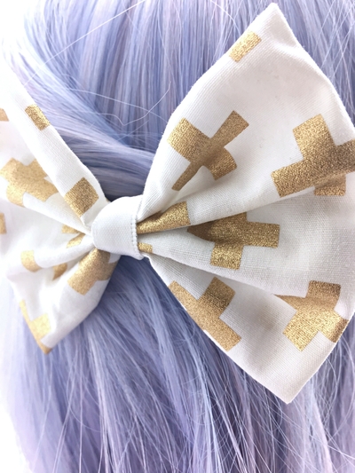 White with Metallic Gold Cross Print Fabric Medium Hair Bow Foil Geometric Hair Clip