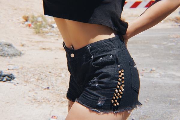 Lightly Distressed Charcoal Studded Highwaisted Shorts