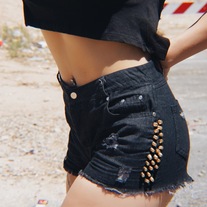 Lightly Distressed Charcoal Studded Highwaisted Shorts