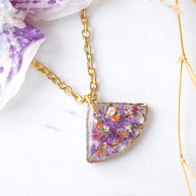 Real dried flowers and resin necklace, small gold fan in purples